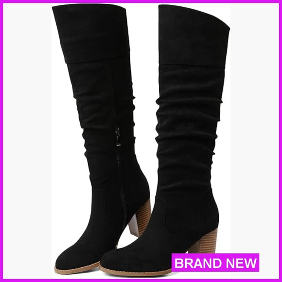 Shoes - Suede Knee High Boots Chunky Block Heel Slouch Fashion Round Toe Side Zipper
